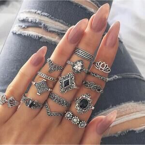 15 Piece Ring Set Boho Silver Stackable Flower Lotus Crystal Gemstone Carved